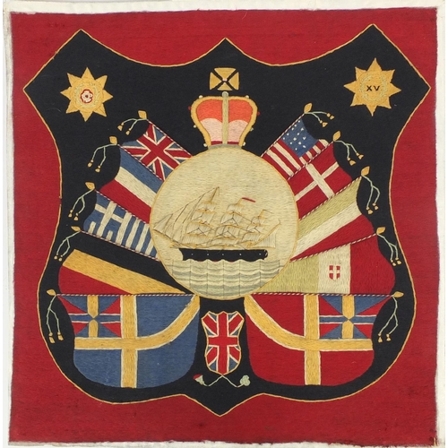 118 - Naval interest wool work panel, roundel of a rigged sailing ship surrounded by flags within a shield... 