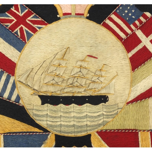 118 - Naval interest wool work panel, roundel of a rigged sailing ship surrounded by flags within a shield... 