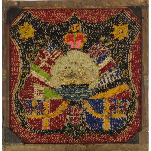 118 - Naval interest wool work panel, roundel of a rigged sailing ship surrounded by flags within a shield... 