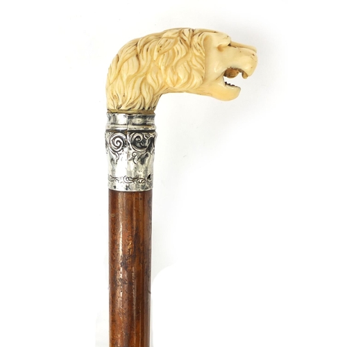 22 - Victorian Malacca walking stick with carved ivory pommel in the form of a lions head and beaded glas... 