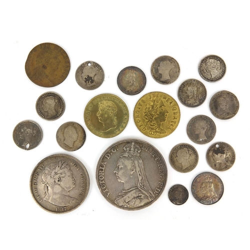 264 - Group of British and World coinage, some silver examples, including an 1889 crown, 19th century Maun... 