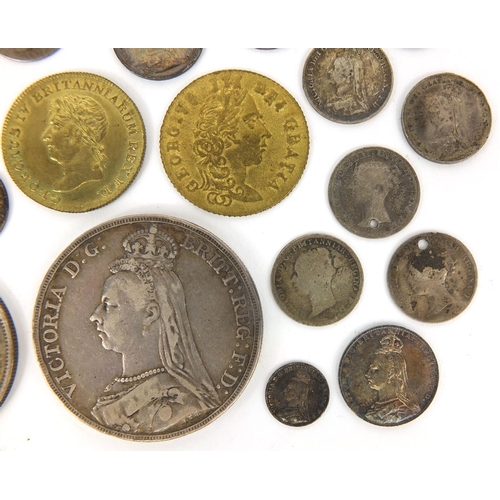 264 - Group of British and World coinage, some silver examples, including an 1889 crown, 19th century Maun... 