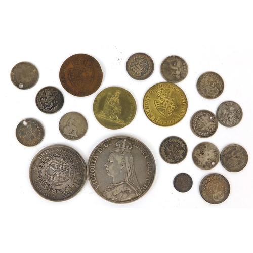 264 - Group of British and World coinage, some silver examples, including an 1889 crown, 19th century Maun... 