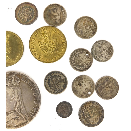 264 - Group of British and World coinage, some silver examples, including an 1889 crown, 19th century Maun... 