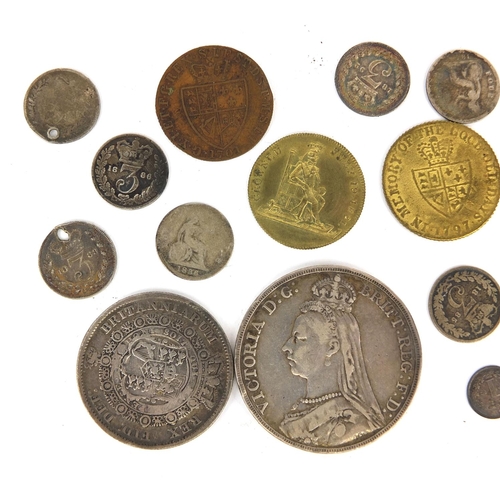 264 - Group of British and World coinage, some silver examples, including an 1889 crown, 19th century Maun... 