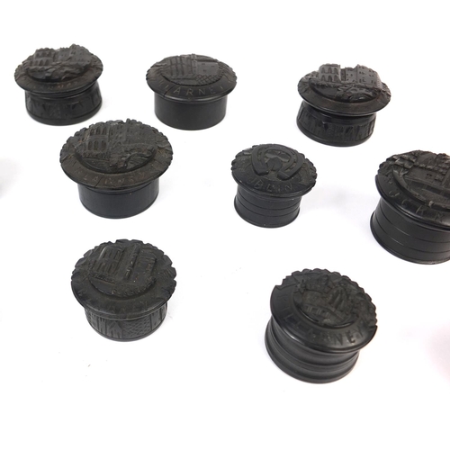 4 - Collection of Irish Bog oak pots and covers, each carved with Irish places including Dublin, Killarn... 
