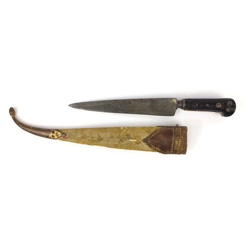 332 - 18th century Islamic knife with ebonised handle and sheath, 46cm long