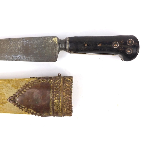 332 - 18th century Islamic knife with ebonised handle and sheath, 46cm long
