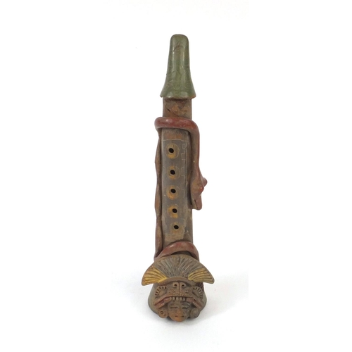 327 - Peruvian clay pipe modelled as a Totem Pole with snake, 30cm high