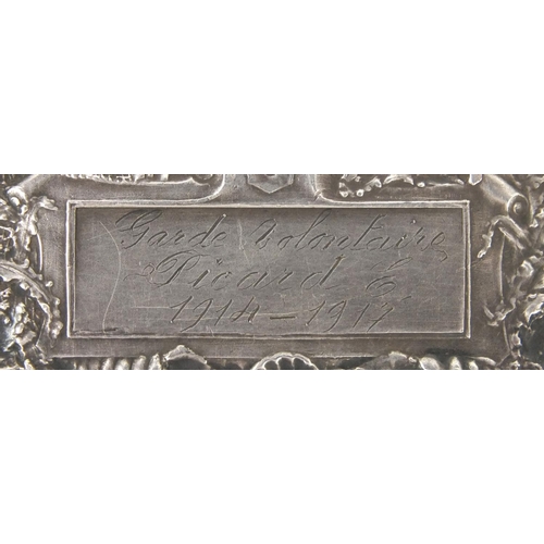 121 - Naval interest French silver plaque together with a sliding mirror, the silver plaque for the protec... 