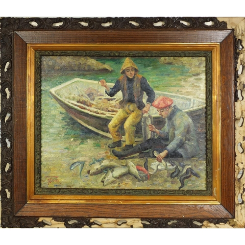 2084 - Cornish impressionist oil onto board, two fisherman, , bearing a signature Moore, mounted and gilt f... 