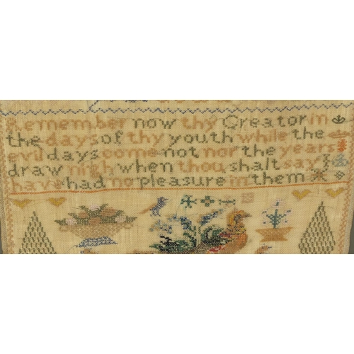 47 - Mid 19th century silk sampler by Mary Kemp, aged ten years, decorated with birds and trees, framed, ... 
