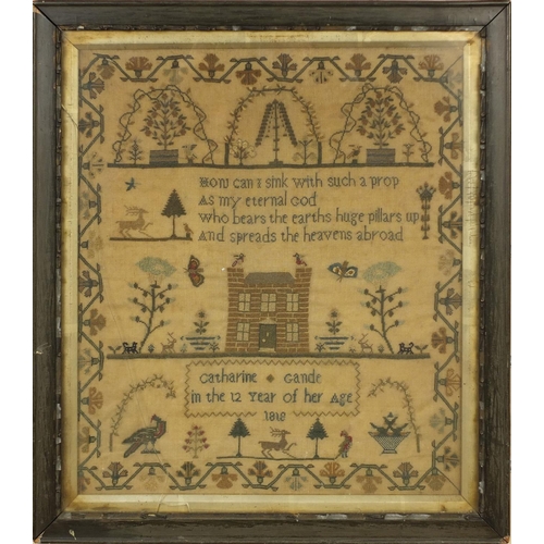 46 - Early 19th century silk sampler by Katherine Gande, aged twelve years, decorated with a house, butte... 