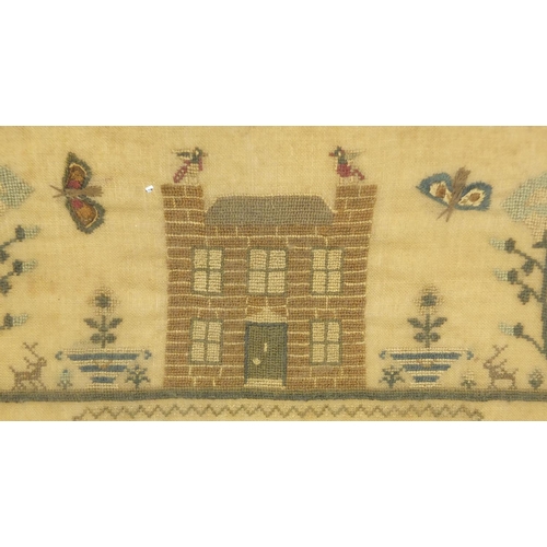 46 - Early 19th century silk sampler by Katherine Gande, aged twelve years, decorated with a house, butte... 