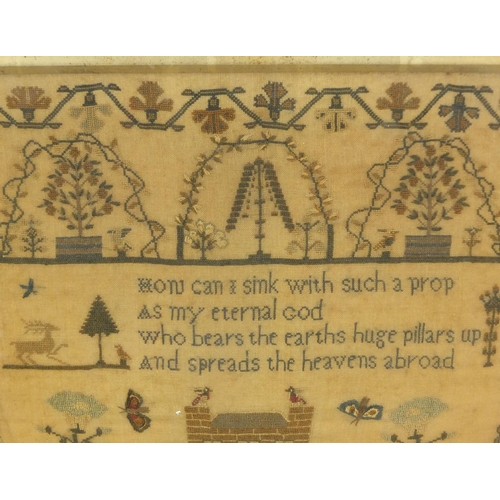 46 - Early 19th century silk sampler by Katherine Gande, aged twelve years, decorated with a house, butte... 