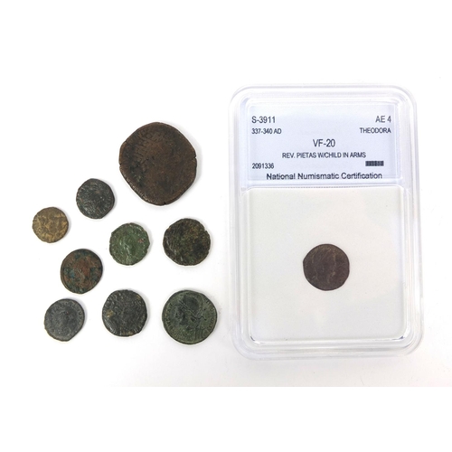 285 - Group of ten Roman coins, including an example housed in a National numismatic certification capsule... 