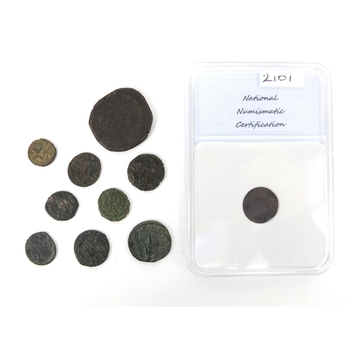 285 - Group of ten Roman coins, including an example housed in a National numismatic certification capsule... 