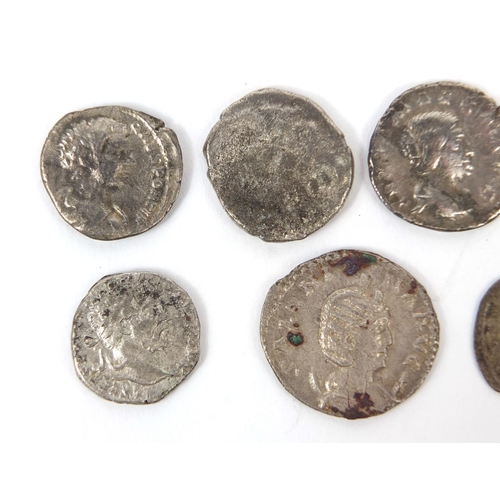 276 - Group of seven silver coloured metal Roman coins, the largest approximately 2.3cm in diameter, appro... 