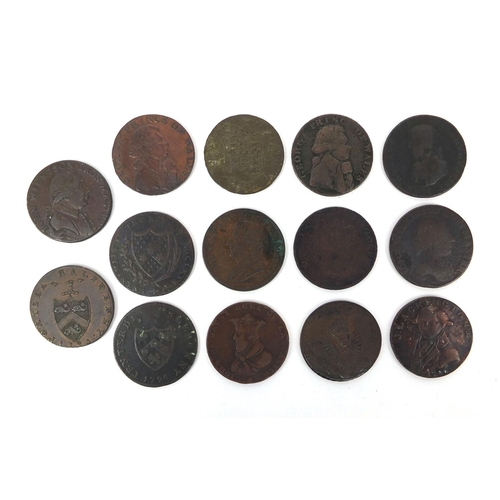 266 - Group of fourteen 18th century half penny tokens including George Prince of Wales and temperance exa... 