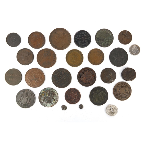 274 - Collection of 18th century and later tokens and coinage including two silver Indian Fanams, the larg... 