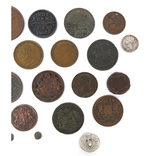 274 - Collection of 18th century and later tokens and coinage including two silver Indian Fanams, the larg... 