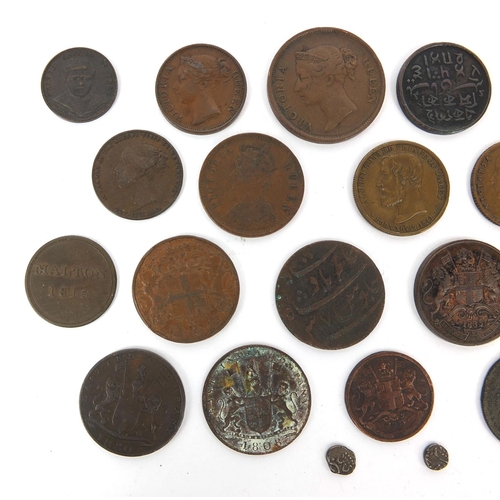 274 - Collection of 18th century and later tokens and coinage including two silver Indian Fanams, the larg... 