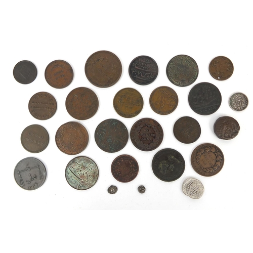 274 - Collection of 18th century and later tokens and coinage including two silver Indian Fanams, the larg... 