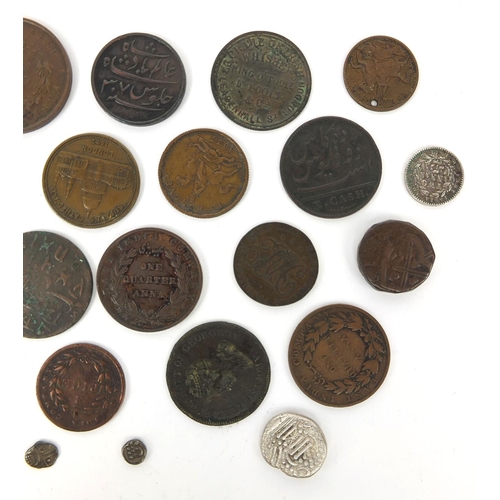 274 - Collection of 18th century and later tokens and coinage including two silver Indian Fanams, the larg... 