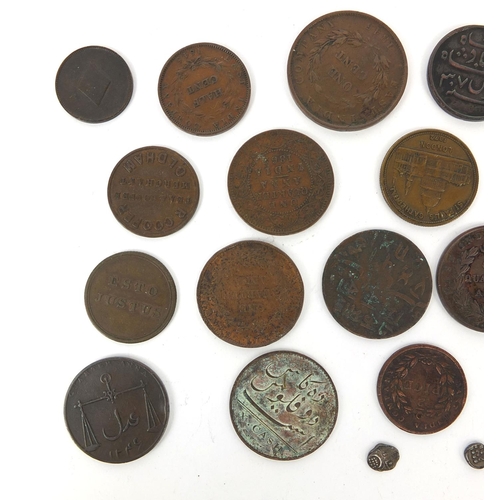 274 - Collection of 18th century and later tokens and coinage including two silver Indian Fanams, the larg... 