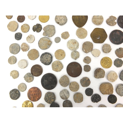 289 - Collection of antiquarian coins and tokens including 18th century examples and two Roman Barbarous c... 