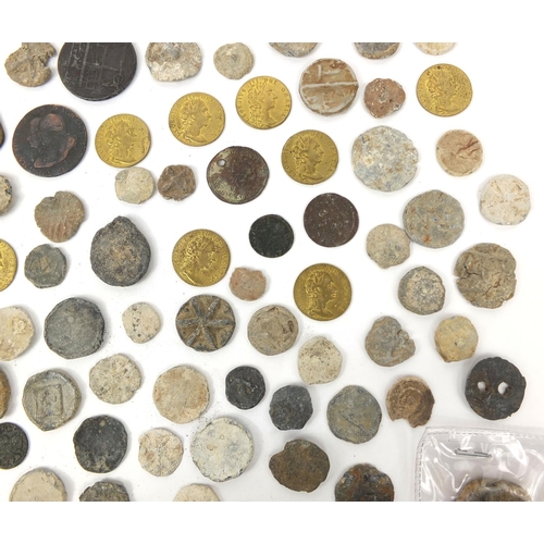 289 - Collection of antiquarian coins and tokens including 18th century examples and two Roman Barbarous c... 