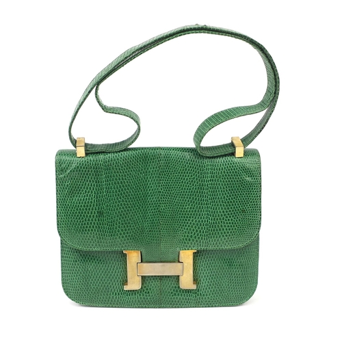 64 - Vintage green snake skin shoulder bag, possibly Hermes, 22cm wide