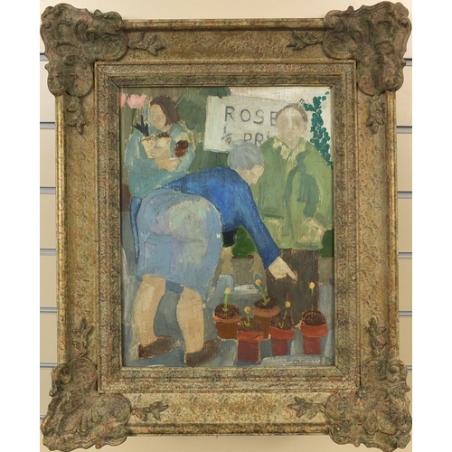 2038 - Oil onto board, flower stall, bearing an indistinct signature to the lower right, ornately framed, 3... 