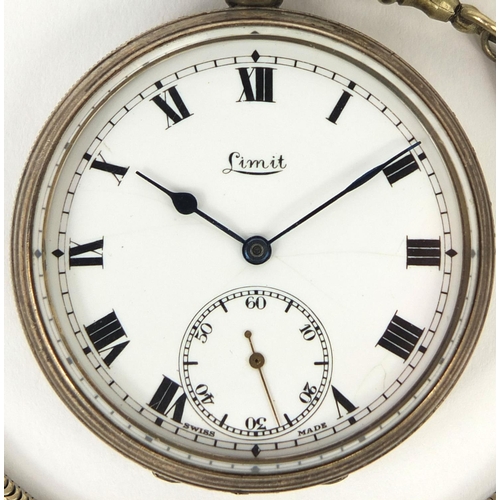 2505 - Gentleman's silver Limit open face pocket watch, 4.7cm diameter on a white metal watch chain, approx... 