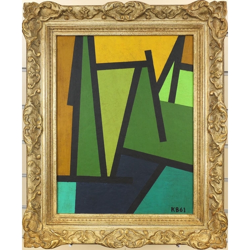 2040 - Oil onto board abstract composition, geometric shapes, bearing a monogram KB61, ornately framed, ins... 