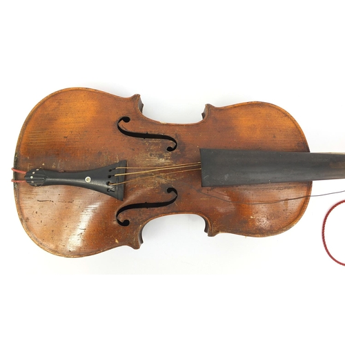 161 - Wooden violin with two piece back and ebonised fittings, 57cm long