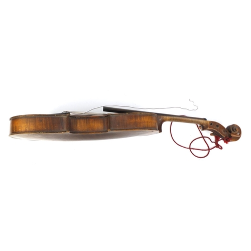 161 - Wooden violin with two piece back and ebonised fittings, 57cm long
