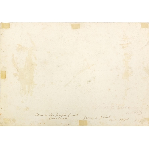 1031 - 19th century unramed watercolour, Franz Joseph Land, ink inscription to the reverse, 25cm x 35cm