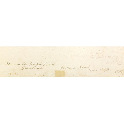 1031 - 19th century unramed watercolour, Franz Joseph Land, ink inscription to the reverse, 25cm x 35cm