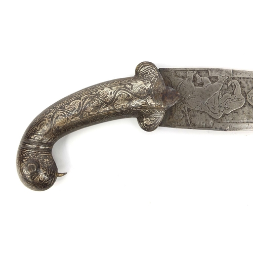 333 - Indo-Persian Khanjar style steel bladed dagger with decorative blade and silver coloured metal grip,... 
