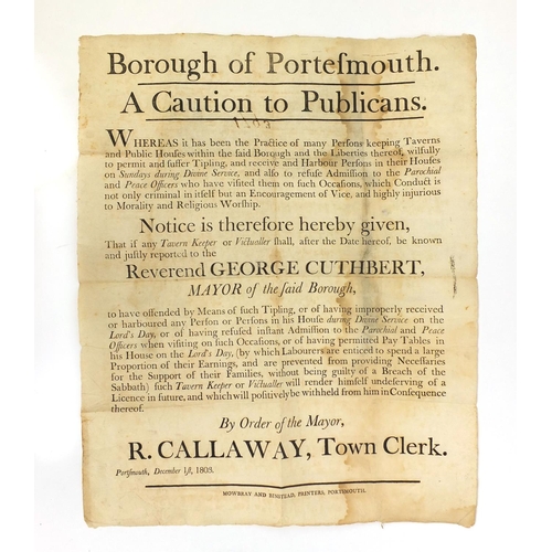 228 - Early 19th century Borough of Portsmouth Caution to Publicans notice detailing the ban of drinking o... 