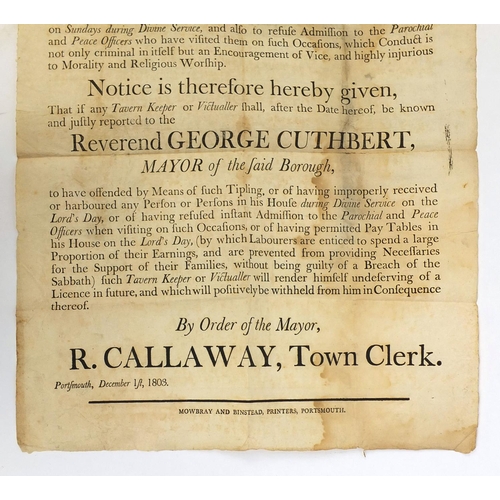 228 - Early 19th century Borough of Portsmouth Caution to Publicans notice detailing the ban of drinking o... 