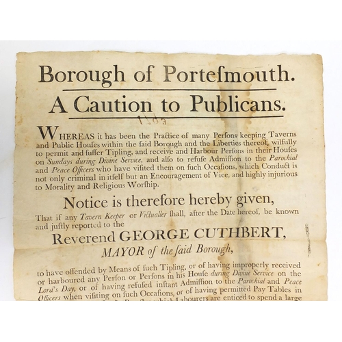 228 - Early 19th century Borough of Portsmouth Caution to Publicans notice detailing the ban of drinking o... 