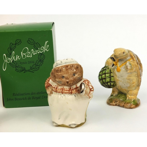 2053 - Three Beswick Beatrix Potter figures, Mrs Tiggy-Winkle with gold back stamp, Mr Benjamin Bunny with ... 