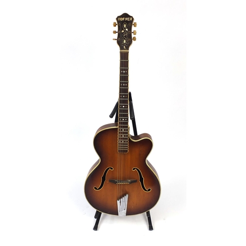 159 - Vintage Hofner President acoustic guitar, with Mother of Pearl floral inlay, paper label and numbere... 