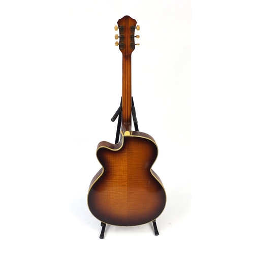 159 - Vintage Hofner President acoustic guitar, with Mother of Pearl floral inlay, paper label and numbere... 