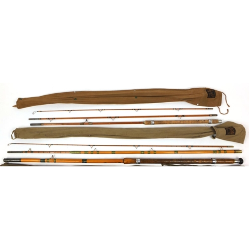 170 - Collection of vintage cane fishing rods including Sealey examples, with canvas cases