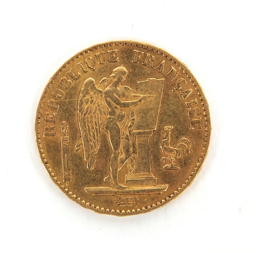 253 - 1876 twenty francs gold coin, approximately 2.1cm in diameter, approximate weight 6.4g