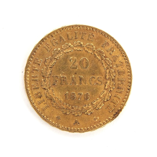 253 - 1876 twenty francs gold coin, approximately 2.1cm in diameter, approximate weight 6.4g