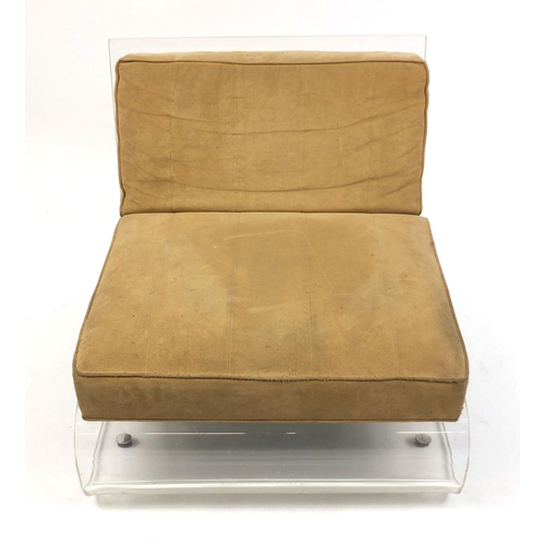 2011 - 1970's Jacques Charepentier Lucite chair with suede upholstered cushions, 59cm high x 68cm wide x 80... 